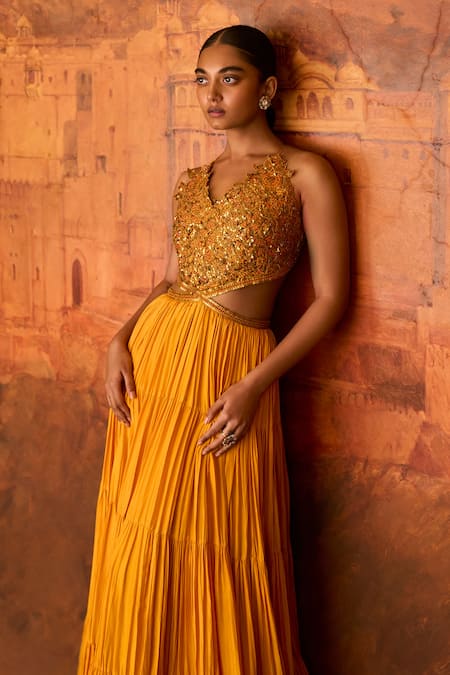 Punit Balana_Yellow Satin, Silk Embroidery V-neck Resham And Coin Maxi Dress _Online_at_Aza_Fashions