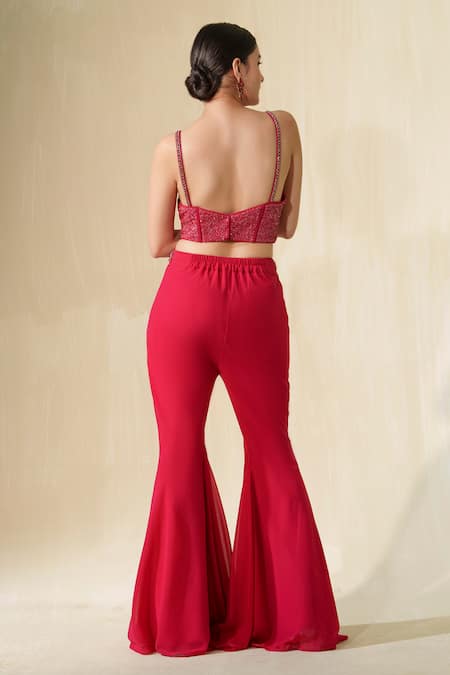 Shop_Tamaraa By Tahani_Pink Georgette Embroidered Crystal Sweetheart Bulbul Net Cape Bootcut Pant Set _at_Aza_Fashions