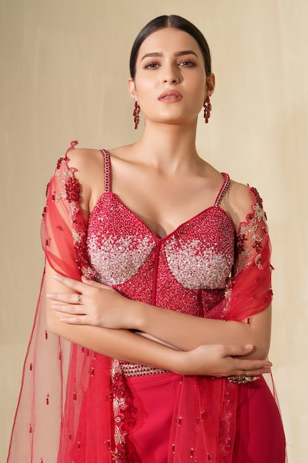 Buy_Tamaraa By Tahani_Pink Georgette Embroidered Crystal Sweetheart Bulbul Net Cape Bootcut Pant Set _Online_at_Aza_Fashions