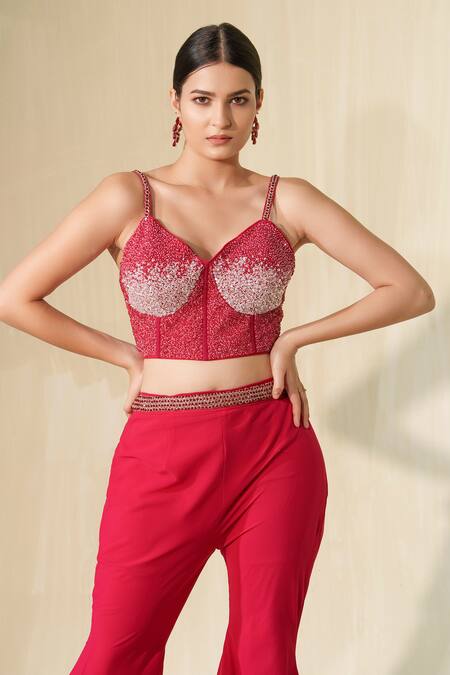 Shop_Tamaraa By Tahani_Pink Georgette Embroidered Crystal Sweetheart Bulbul Net Cape Bootcut Pant Set _Online_at_Aza_Fashions