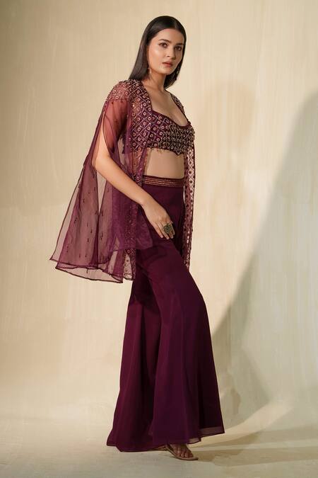 Buy_Tamaraa By Tahani_Purple Georgette Embroidered Crystal Laila Embellished Cape Flared Pant Set _Online_at_Aza_Fashions