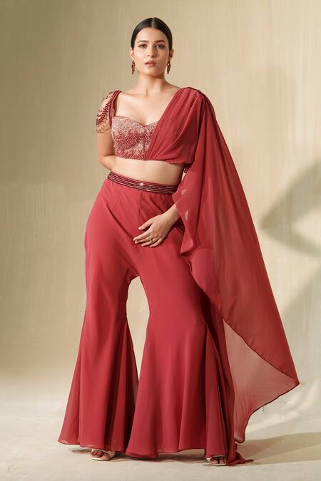 Buy_Tamaraa By Tahani_Pink Georgette Embroidered Crystal Sweetheart Gulabo Sequin And Corset Cape Set _Online_at_Aza_Fashions