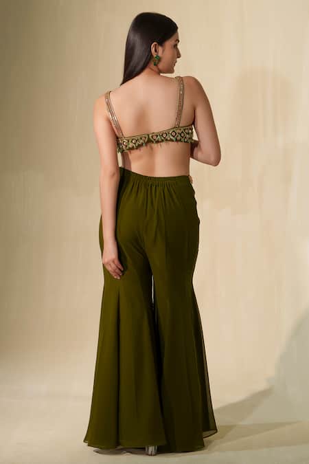 Tamaraa By Tahani_Green Georgette, Organza Crystals, Cut Work, Maaya Cutwork Cape Flared Pant Set _Online_at_Aza_Fashions