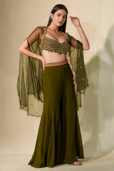 Shop_Tamaraa By Tahani_Green Georgette, Organza Crystals, Cut Work, Maaya Cutwork Cape Flared Pant Set _Online_at_Aza_Fashions