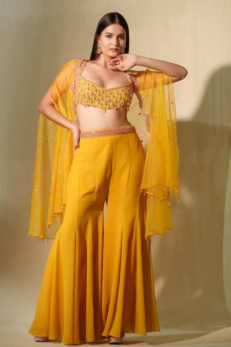 Tamaraa By Tahani Yellow Georgette Embroidered Crystal Kalee Cutwork Cape Flared Pant Set 