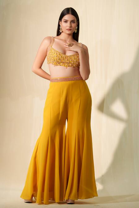 Buy_Tamaraa By Tahani_Yellow Georgette Embroidered Crystal Kalee Cutwork Cape Flared Pant Set _Online_at_Aza_Fashions