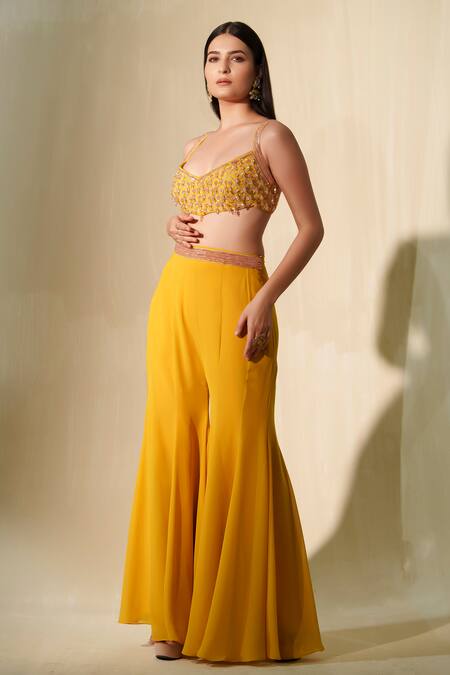 Shop_Tamaraa By Tahani_Yellow Georgette Embroidered Crystal Kalee Cutwork Cape Flared Pant Set _Online_at_Aza_Fashions