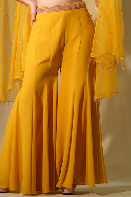 Tamaraa By Tahani_Yellow Georgette Embroidered Crystal Kalee Cutwork Cape Flared Pant Set _at_Aza_Fashions