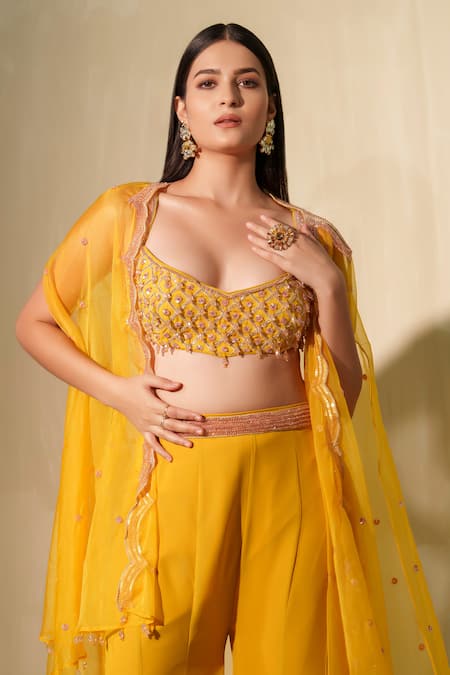 Buy_Tamaraa By Tahani_Yellow Georgette Embroidered Crystal Kalee Cutwork Cape Flared Pant Set 