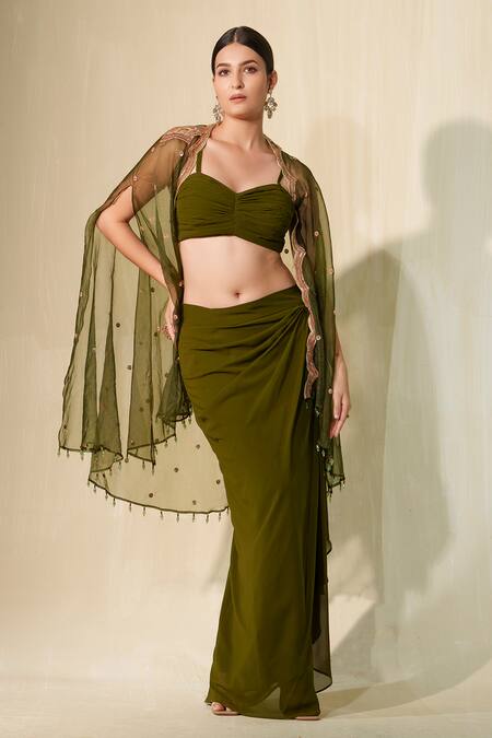 Buy_Tamaraa By Tahani_Green Georgette Embroidered Crystal Organza Scallop Cape Draped Dhoti Skirt Set _Online_at_Aza_Fashions