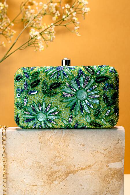 NR BY NIDHI RATHI Green Sequin And Cut Dana Embellished Clutch 