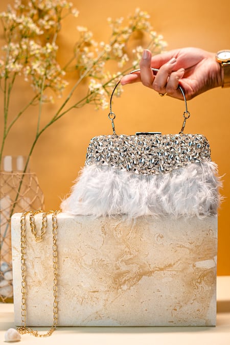 NR BY NIDHI RATHI White Embellished Crystal Clutch 