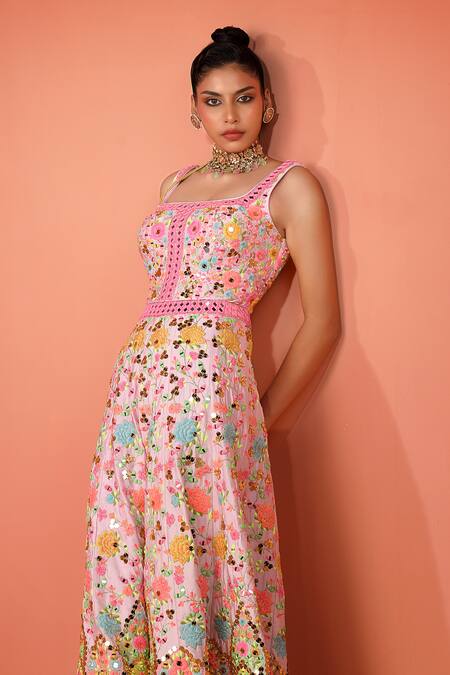 Buy_Rajbinder Chahal_Purple Silk Sequins, Mirrors, Applique Floral Embroidered Flared Jumpsuit _Online_at_Aza_Fashions