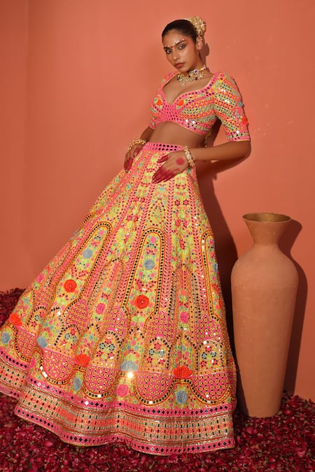 Buy_Rajbinder Chahal_Yellow Denim, Silk, Net Mirrors, Sequins, Floral Embroidered Bridal Lehenga Set _Online_at_Aza_Fashions