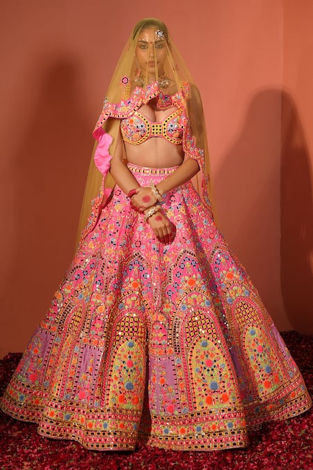 Rajbinder Chahal Mirror & Thread Embroidered Bridal Lehenga Set 