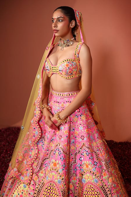 Rajbinder Chahal_Pink Silk, Net Mirrors, Sequins, And Thread Embroidered Bridal Lehenga Set _Online_at_Aza_Fashions
