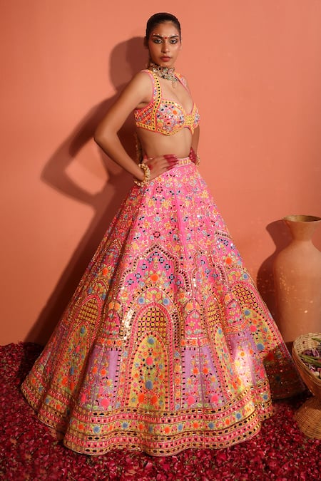 Buy_Rajbinder Chahal_Pink Silk, Net Mirrors, Sequins, And Thread Embroidered Bridal Lehenga Set _Online_at_Aza_Fashions