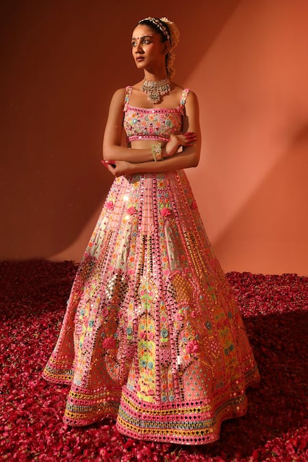 Buy_Rajbinder Chahal_Purple Denim, Net, Silk Mirrors, Sequins, And Embroidered Bridal Lehenga Set _Online_at_Aza_Fashions