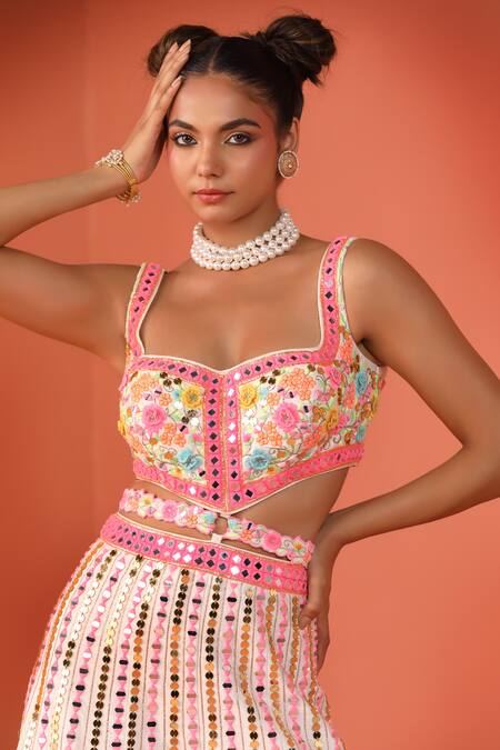 Buy_Rajbinder Chahal_White Silk Mirrors, Applique, Sequins Sweetheart Floral Embroidered Jumpsuit _Online_at_Aza_Fashions