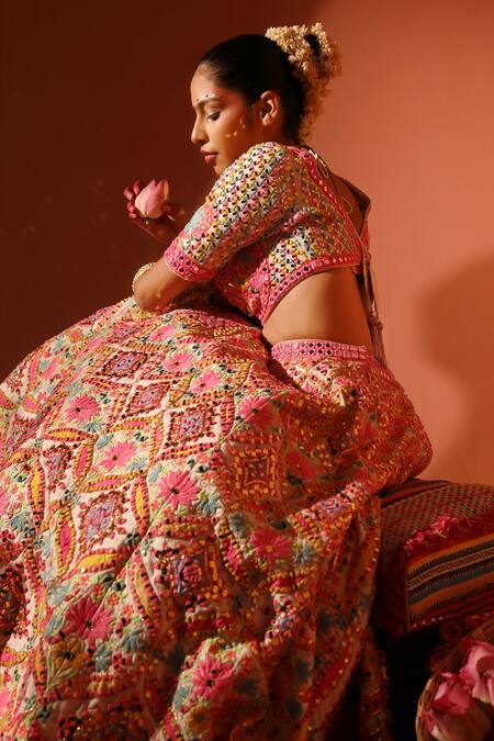 Rajbinder Chahal_White Net, Silk Mirrors, Sequins, And Thread Embroidered Bridal Lehenga Set _Online_at_Aza_Fashions