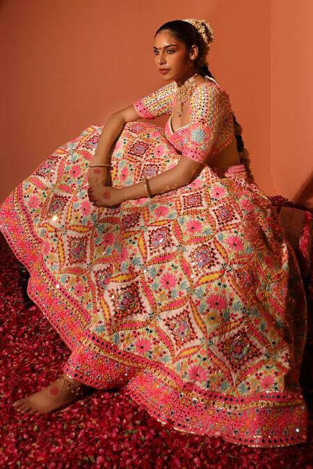 Buy_Rajbinder Chahal_White Net, Silk Mirrors, Sequins, And Thread Embroidered Bridal Lehenga Set _Online_at_Aza_Fashions