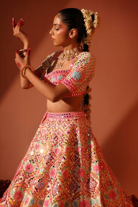 Shop_Rajbinder Chahal_White Net, Silk Mirrors, Sequins, And Thread Embroidered Bridal Lehenga Set _Online_at_Aza_Fashions