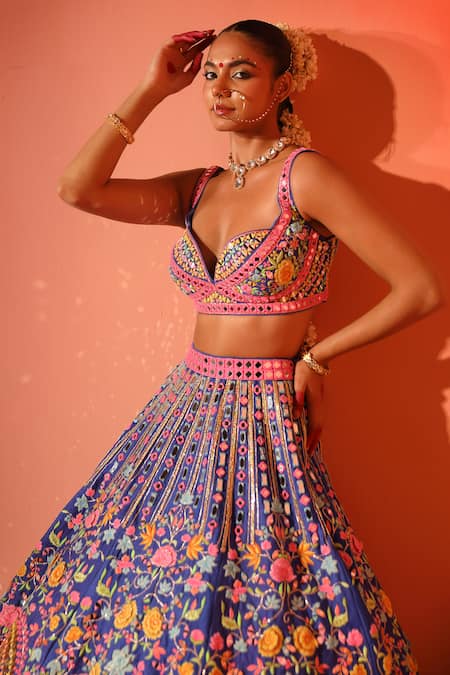 Rajbinder Chahal_Blue Silk, Net Mirrors, Sequins, Applique Floral Embroidered Bridal Lehenga Set _Online_at_Aza_Fashions