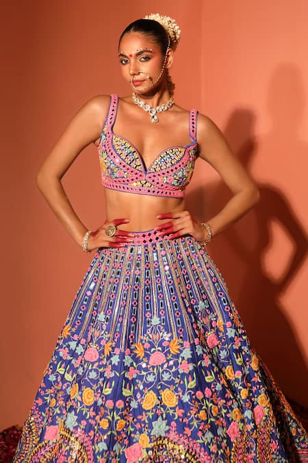 Buy_Rajbinder Chahal_Blue Silk, Net Mirrors, Sequins, Applique Floral Embroidered Bridal Lehenga Set _Online_at_Aza_Fashions