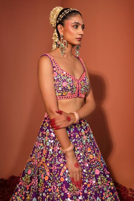 Rajbinder Chahal_Purple Silk, Net Mirrors, Sequins, Applique And Embroidered Bridal Lehenga Set _Online_at_Aza_Fashions