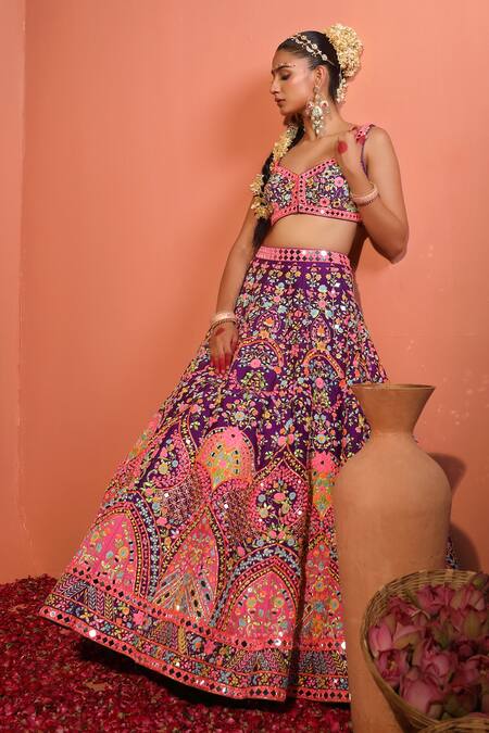 Buy_Rajbinder Chahal_Purple Silk, Net Mirrors, Sequins, Applique And Embroidered Bridal Lehenga Set _Online_at_Aza_Fashions