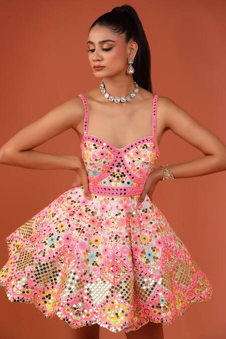 Rajbinder Chahal_Purple Silk Mirrors, Sequins, Applique Sweetheart Neck Floral Embroidered Dress _Online_at_Aza_Fashions