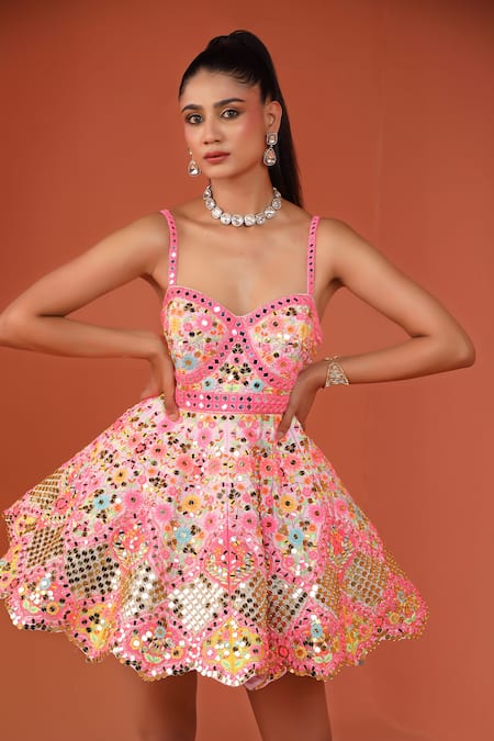 Buy_Rajbinder Chahal_Purple Silk Mirrors, Sequins, Applique Sweetheart Neck Floral Embroidered Dress _Online_at_Aza_Fashions