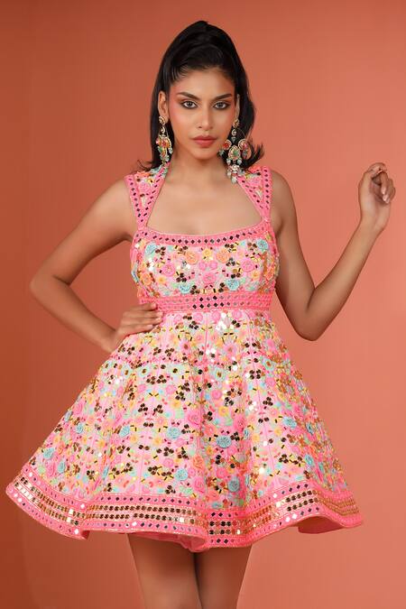 Buy_Rajbinder Chahal_Pink Silk Sequins, Mirrors, Applique Scoop Neck And Embroidered Dress _Online_at_Aza_Fashions