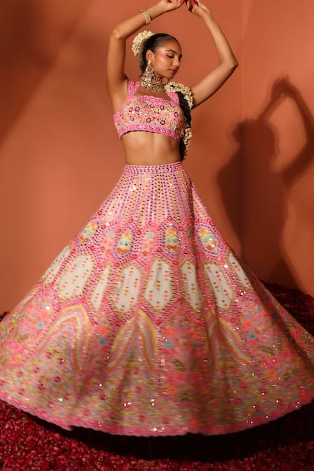 Shop_Rajbinder Chahal_Purple Silk, Net Mirrors, Sequins, Applique Embroidered Bridal Lehenga Set _Online_at_Aza_Fashions