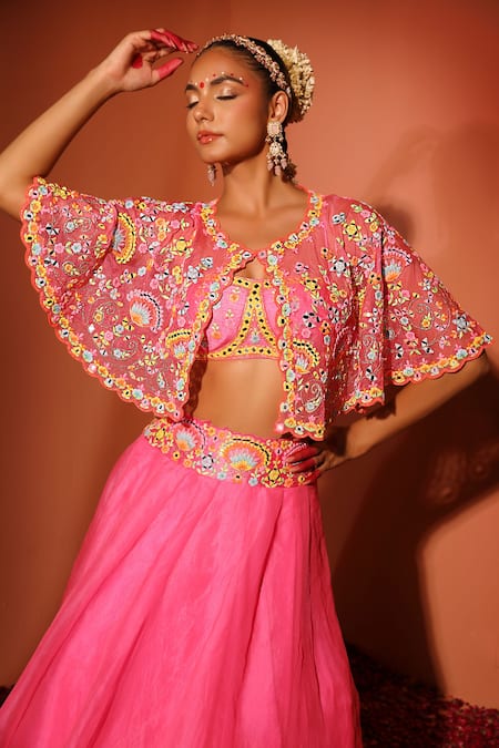 Rajbinder Chahal Thread Embroidered Cape Lehenga Set 