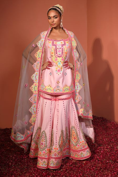 Rajbinder Chahal Pink Dupion Silk Embroidered Mirror Broad Floral Applique Kurta Gharara Set 