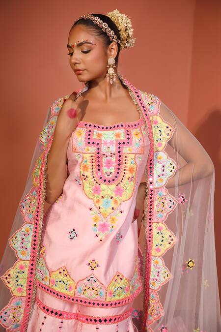 Rajbinder Chahal_Pink Silk, Net Mirrors, Sequins, Applique, Embroidery Floral Kurta Gharara Set _Online_at_Aza_Fashions