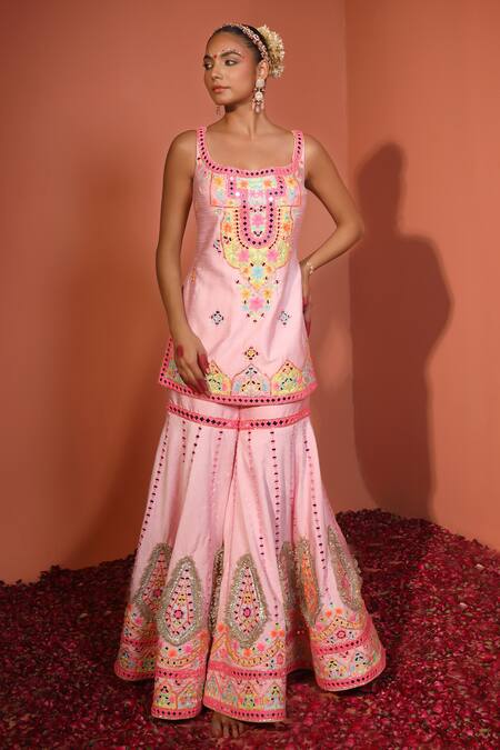 Buy_Rajbinder Chahal_Pink Silk, Net Mirrors, Sequins, Applique, Embroidery Floral Kurta Gharara Set _Online_at_Aza_Fashions