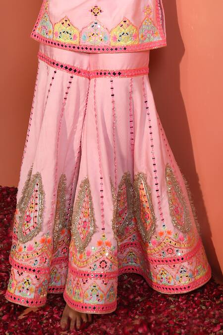 Shop_Rajbinder Chahal_Pink Silk, Net Mirrors, Sequins, Applique, Embroidery Floral Kurta Gharara Set _Online_at_Aza_Fashions