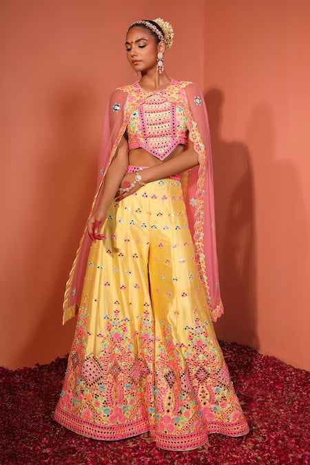 Rajbinder Chahal Yellow Dupion Silk Embroidered Mirror Round Floral Applique Blouse Sharara Set 