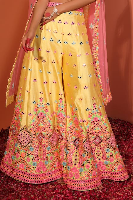 Rajbinder Chahal_Yellow Silk, Net Mirrors, Sequins, Floral Embroidered Blouse Sharara Set _Online_at_Aza_Fashions