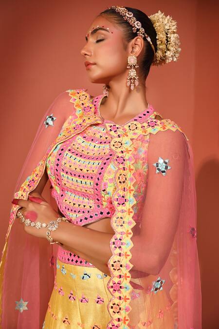 Buy_Rajbinder Chahal_Yellow Silk, Net Mirrors, Sequins, Floral Embroidered Blouse Sharara Set _Online_at_Aza_Fashions