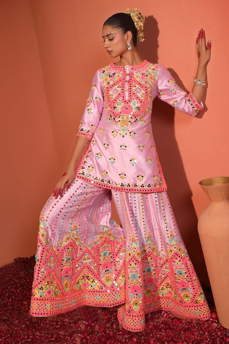 Rajbinder Chahal Floral Applique Embroidered Kurta Sharara Set 