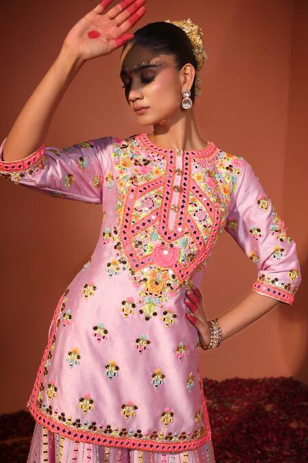 Rajbinder Chahal_Purple Silk, Net Metallic Thread, Sequins, Floral Embroidered Kurta Sharara Set _Online_at_Aza_Fashions