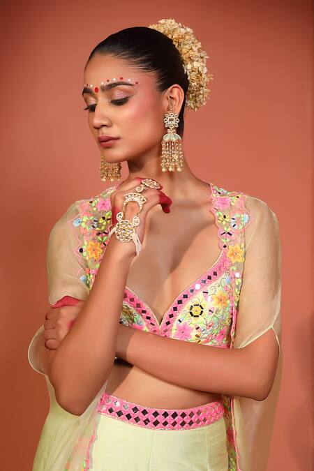 Rajbinder Chahal_Green Silk Mirrors, Sequins, Applique Bandeau Floral Embroidered Gharara Set _Online_at_Aza_Fashions