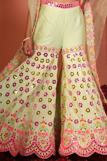 Buy_Rajbinder Chahal_Green Silk Mirrors, Sequins, Applique Bandeau Floral Embroidered Gharara Set _Online_at_Aza_Fashions
