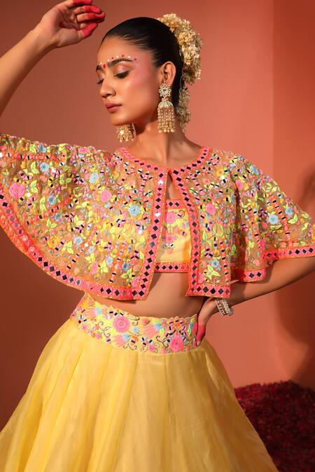 Rajbinder Chahal_Yellow Silk, Organza Mirrors, Sequins, Thread And Embroidered Cape Lehenga Set _Online_at_Aza_Fashions