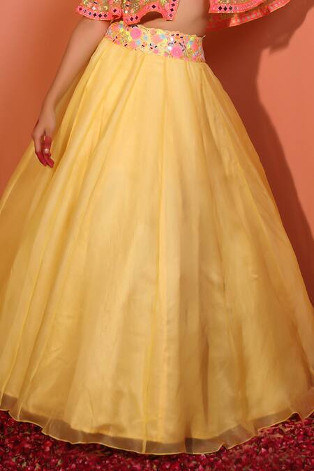 Buy_Rajbinder Chahal_Yellow Silk, Organza Mirrors, Sequins, Thread And Embroidered Cape Lehenga Set _Online_at_Aza_Fashions