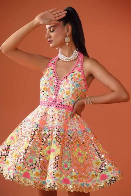 Rajbinder Chahal_White Silk Mirrors, Sequins, Applique Halter Neck And Thread Embroidered Dress _Online_at_Aza_Fashions