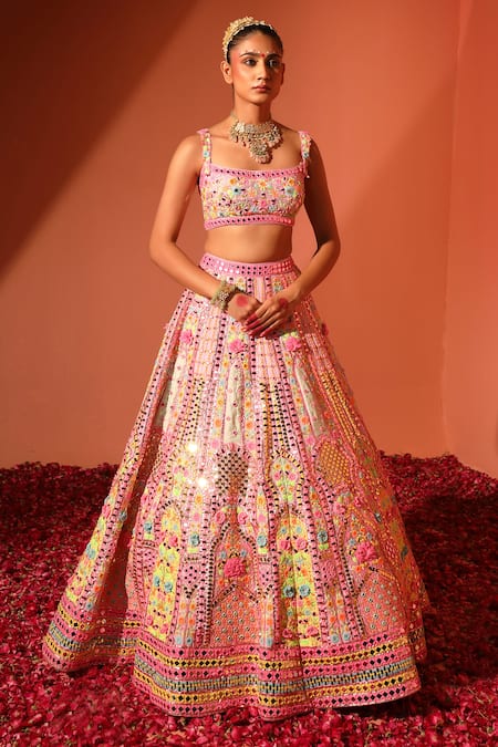 Shop_Rajbinder Chahal_Purple Denim, Net, Silk Mirrors, Sequins, And Embroidered Bridal Lehenga Set _Online_at_Aza_Fashions